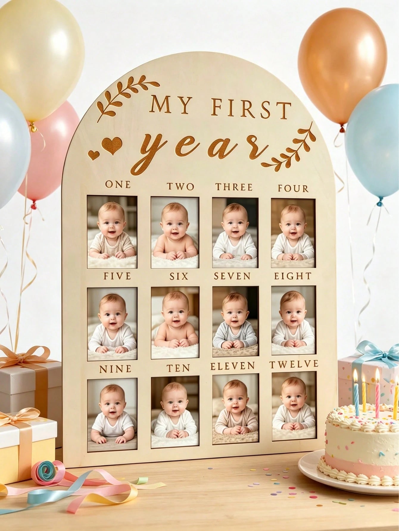 Wooden My First Year Photo Frame 12 Months Baby Monthly Milestone Collage Frame Baby 1st Birthday Decoration Keepsake Gift