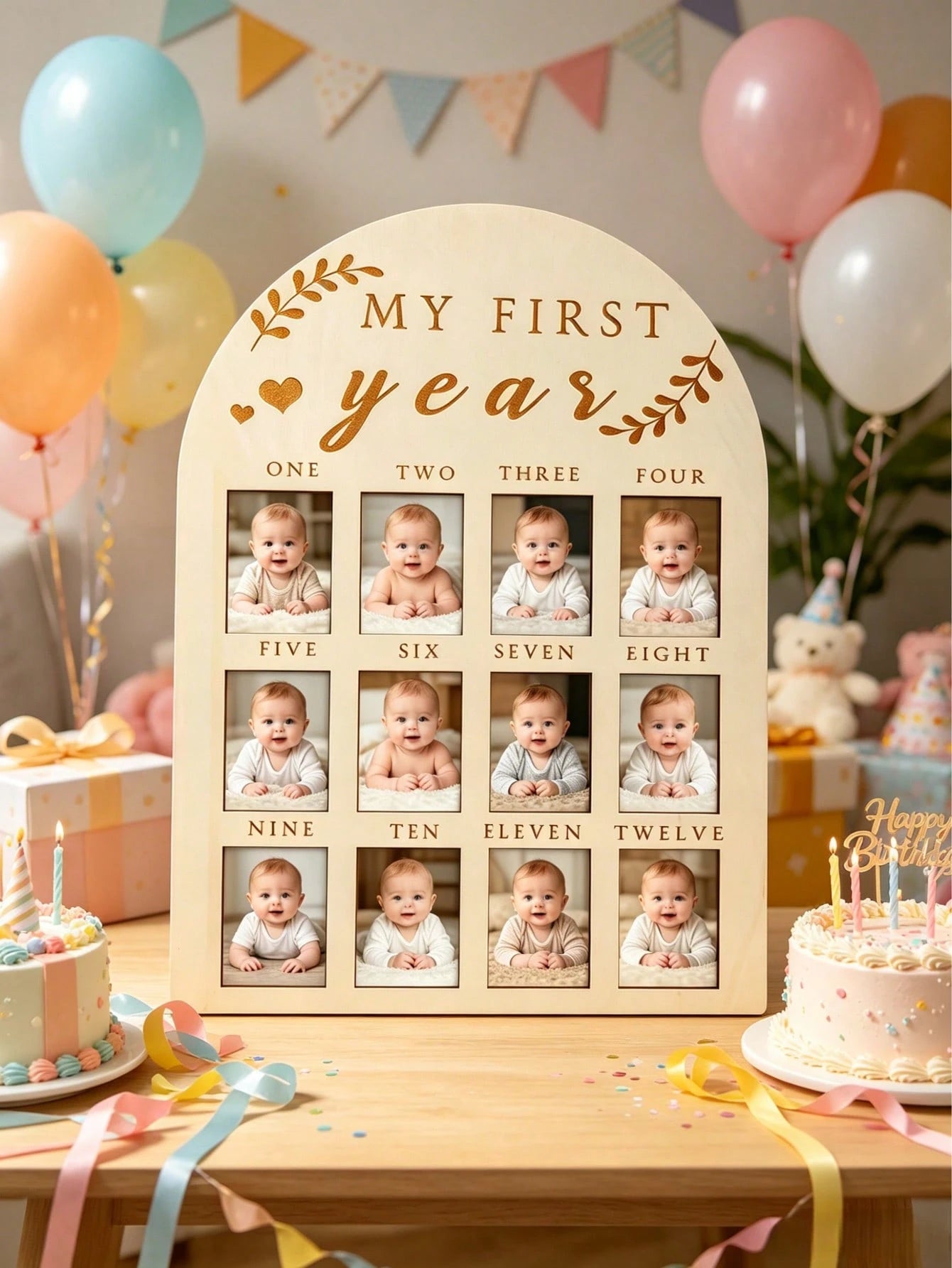 Wooden My First Year Photo Frame 12 Months Baby Monthly Milestone Collage Frame Baby 1st Birthday Decoration Keepsake Gift
