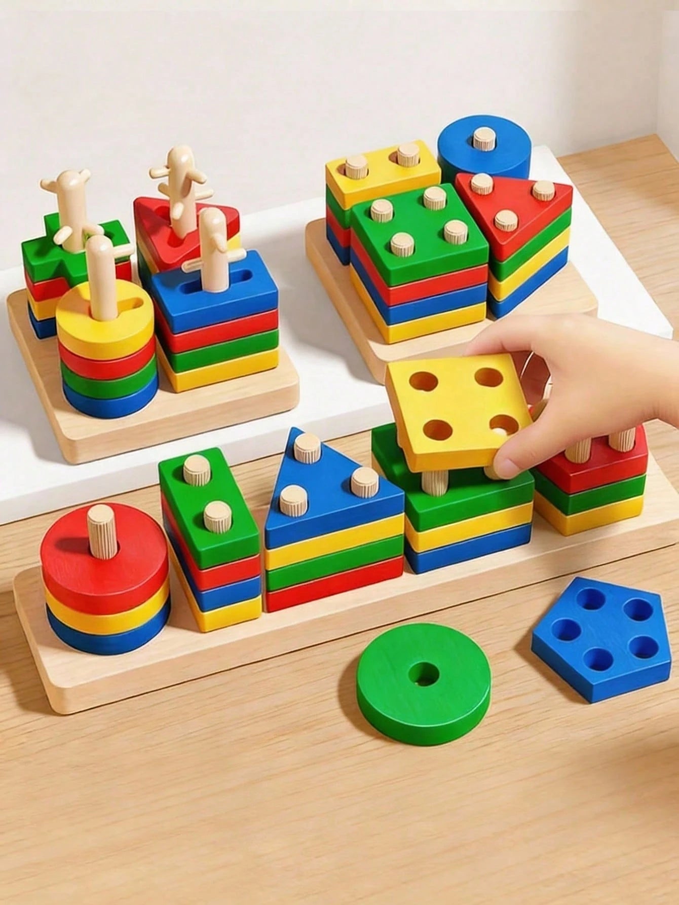 Wooden Stacking Toy- Colorful Stacking Blocks, Shape Sorting Tower, For Shape Recognition And Motor Skill Training, Educational Building Blocks