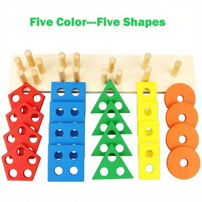 Wooden Stacking Toy- Colorful Stacking Blocks, Shape Sorting Tower, For Shape Recognition And Motor Skill Training, Educational Building Blocks