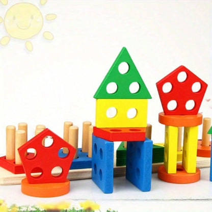 Wooden Stacking Toy- Colorful Stacking Blocks, Shape Sorting Tower, For Shape Recognition And Motor Skill Training, Educational Building Blocks