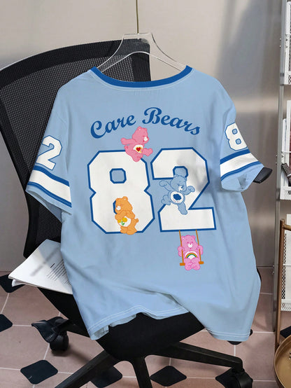 X Care Bears Plus Size Summer Casual Letter & Bear Print Round Neck Short Sleeve T-Shirt