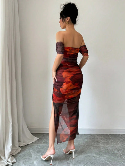 X Garcia Sisters Selianne Women's Luxury Evening Dress, Tie-Dye Print Off Shoulder Asymmetric Hem Sexy Dress