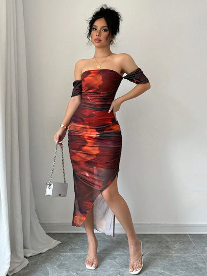 X Garcia Sisters Selianne Women's Luxury Evening Dress, Tie-Dye Print Off Shoulder Asymmetric Hem Sexy Dress
