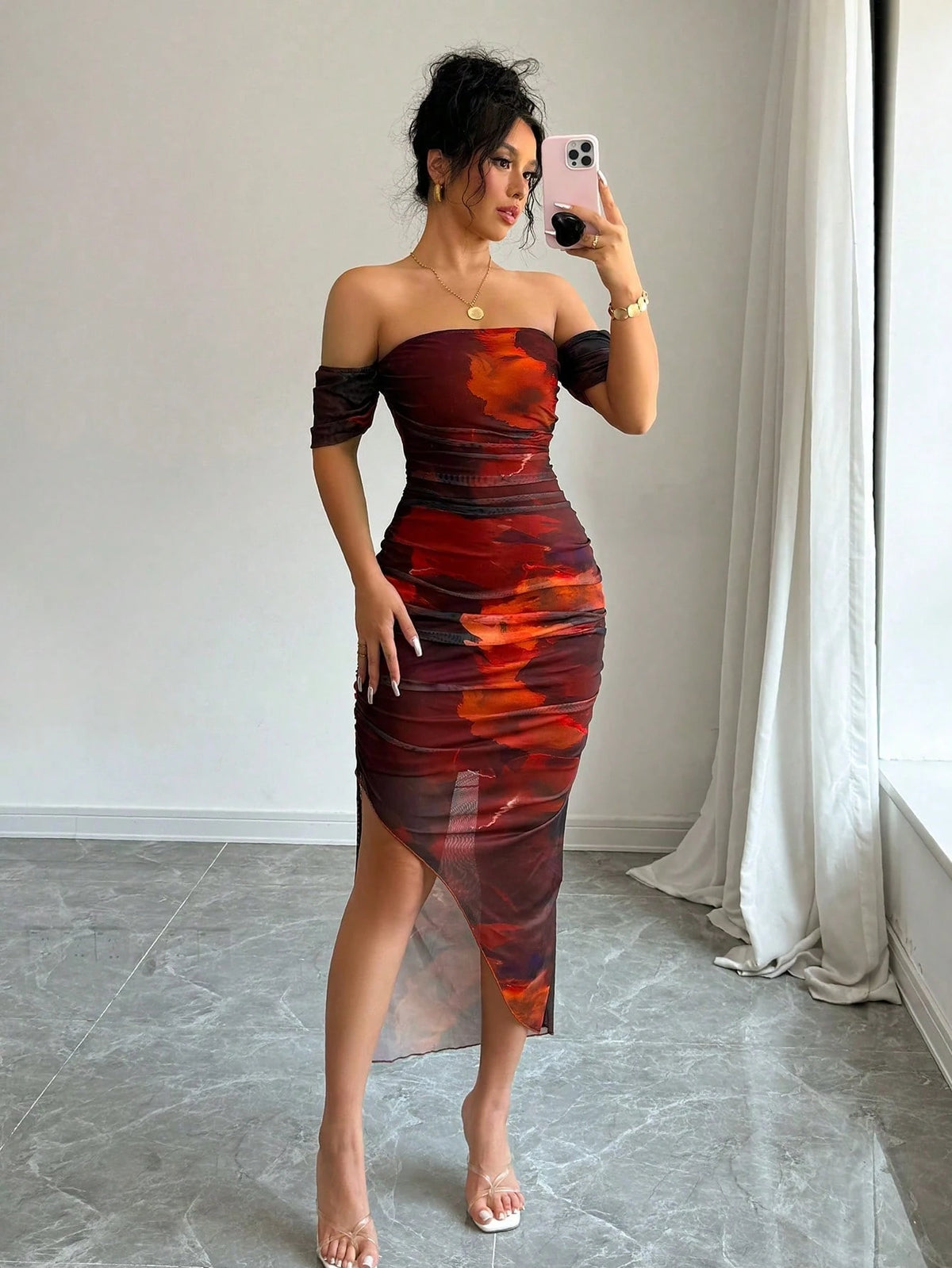 X Garcia Sisters Selianne Women's Luxury Evening Dress, Tie-Dye Print Off Shoulder Asymmetric Hem Sexy Dress