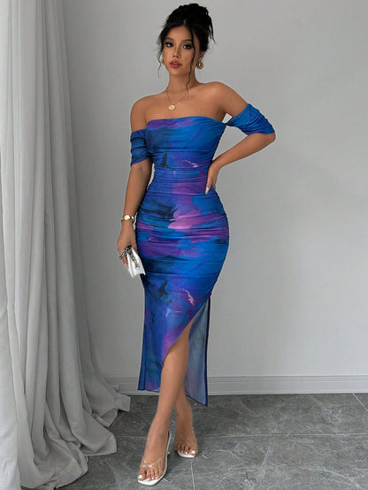 X Garcia Sisters Selianne Women's Luxury Evening Dress, Tie-Dye Print Off Shoulder Asymmetric Hem Sexy Dress