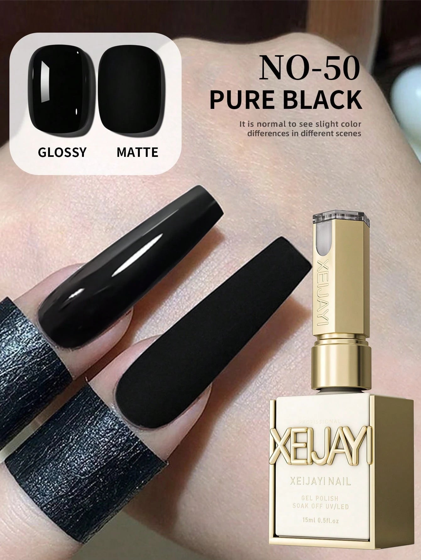 XEIJAYI 1pc 15ml Black Nail Polish Liquid, Unscented High Glossy UV LED Nail Polish, Fragrance-Free Pure Black French Manicure Salon DIY Nail Art