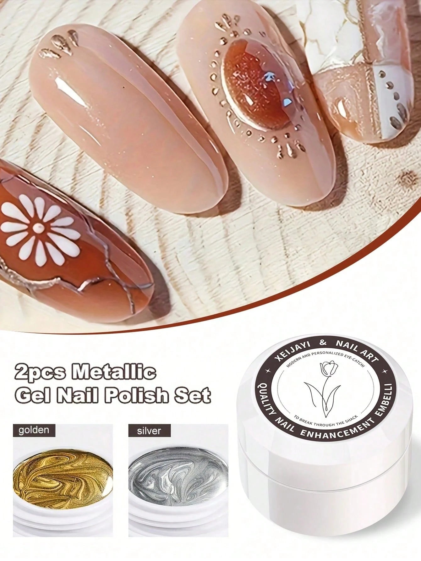 XEIJAYI 2pcs Metal Painting Gel Nail Polish, Creative Elastic Metal Painting Gel With Mirror Effect, Suitable For Painting, Relief, UV Gel Sculpture Design, Nail Art DIY