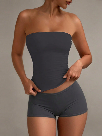 XLLAIS Sexy Strapless Cropped Tank Top, Fashionable Solid Color Elastic Fitted Yoga Bandeau Bra Casual Summer