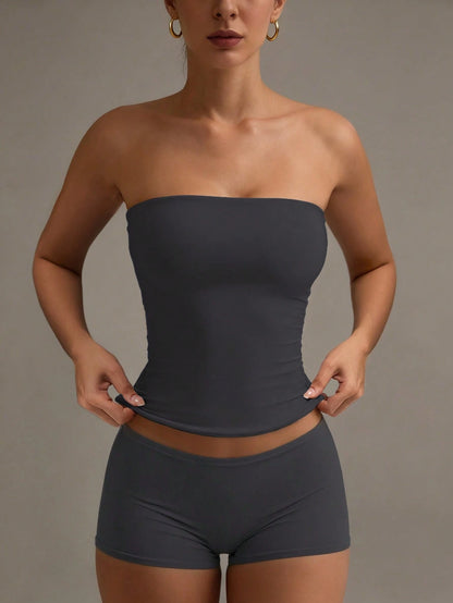 XLLAIS Sexy Strapless Cropped Tank Top, Fashionable Solid Color Elastic Fitted Yoga Bandeau Bra Casual Summer
