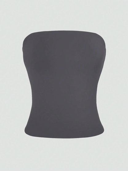 XLLAIS Sexy Strapless Cropped Tank Top, Fashionable Solid Color Elastic Fitted Yoga Bandeau Bra Casual Summer