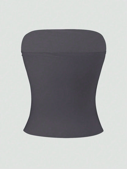 XLLAIS Sexy Strapless Cropped Tank Top, Fashionable Solid Color Elastic Fitted Yoga Bandeau Bra Casual Summer