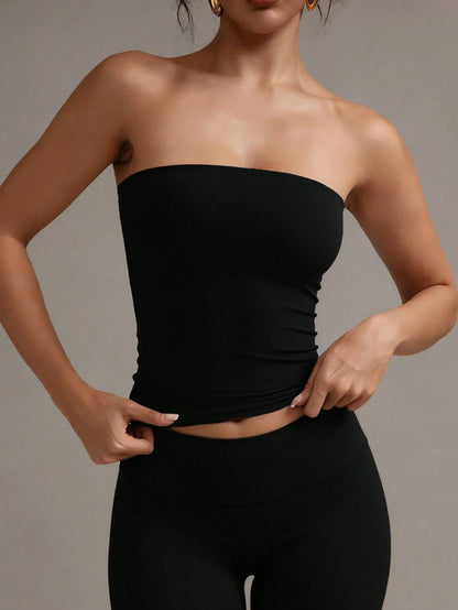 XLLAIS Sexy Strapless Cropped Tank Top, Fashionable Solid Color Elastic Fitted Yoga Bandeau Bra Casual Summer