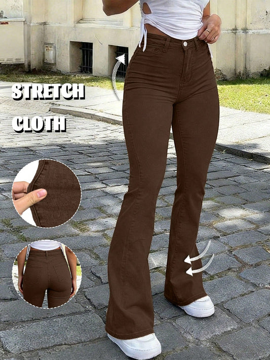 Y2K Style Women's Dark Khaki Flare Long Pants, Solid Color High Waist Elastic Slim Fit, Elegant Casual Street Style, Suitable For Vacation, Bohemian Style