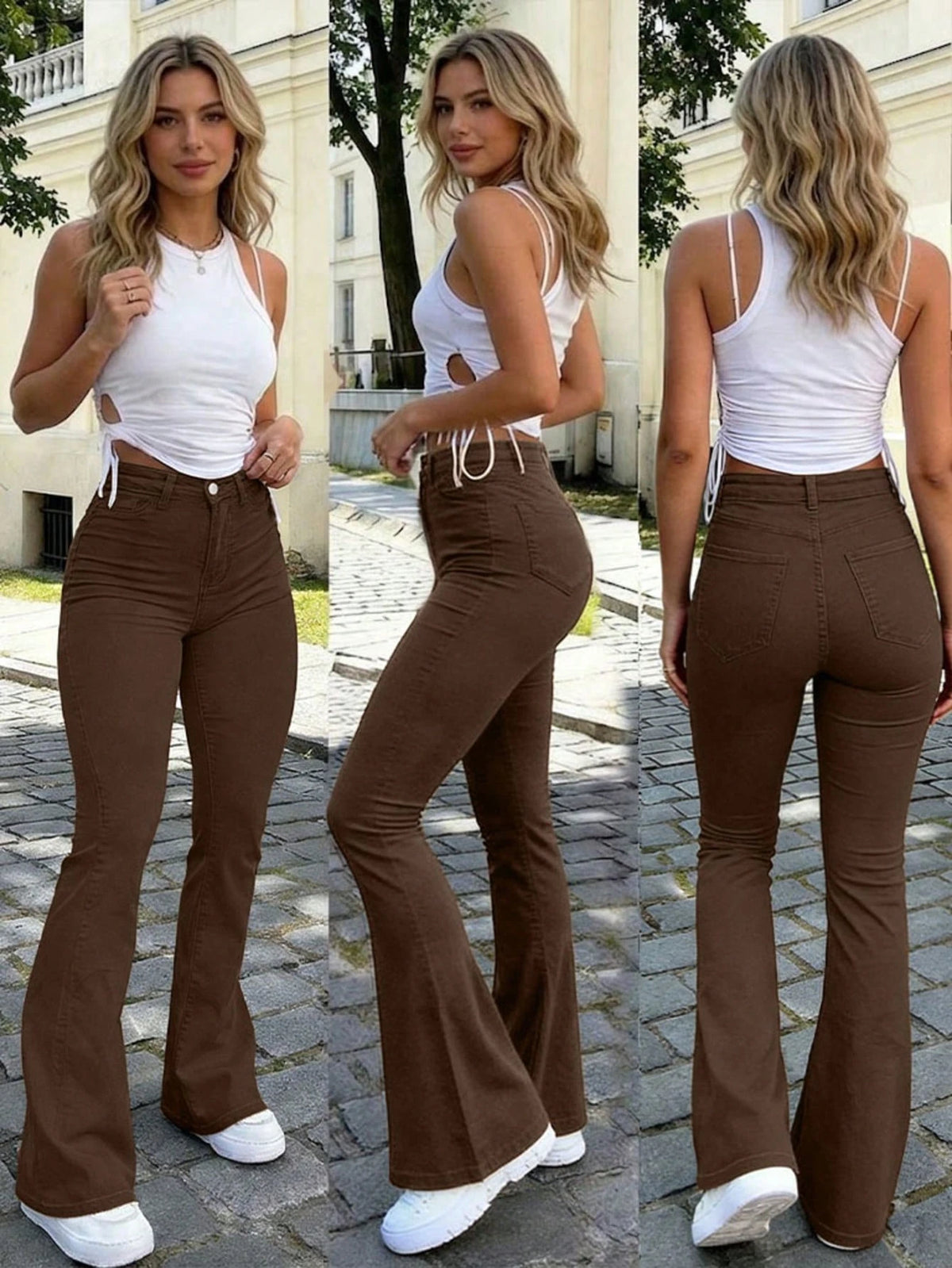Y2K Style Women's Dark Khaki Flare Long Pants, Solid Color High Waist Elastic Slim Fit, Elegant Casual Street Style, Suitable For Vacation, Bohemian Style