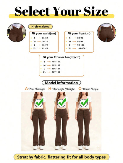 Y2K Style Women's Dark Khaki Flare Long Pants, Solid Color High Waist Elastic Slim Fit, Elegant Casual Street Style, Suitable For Vacation, Bohemian Style