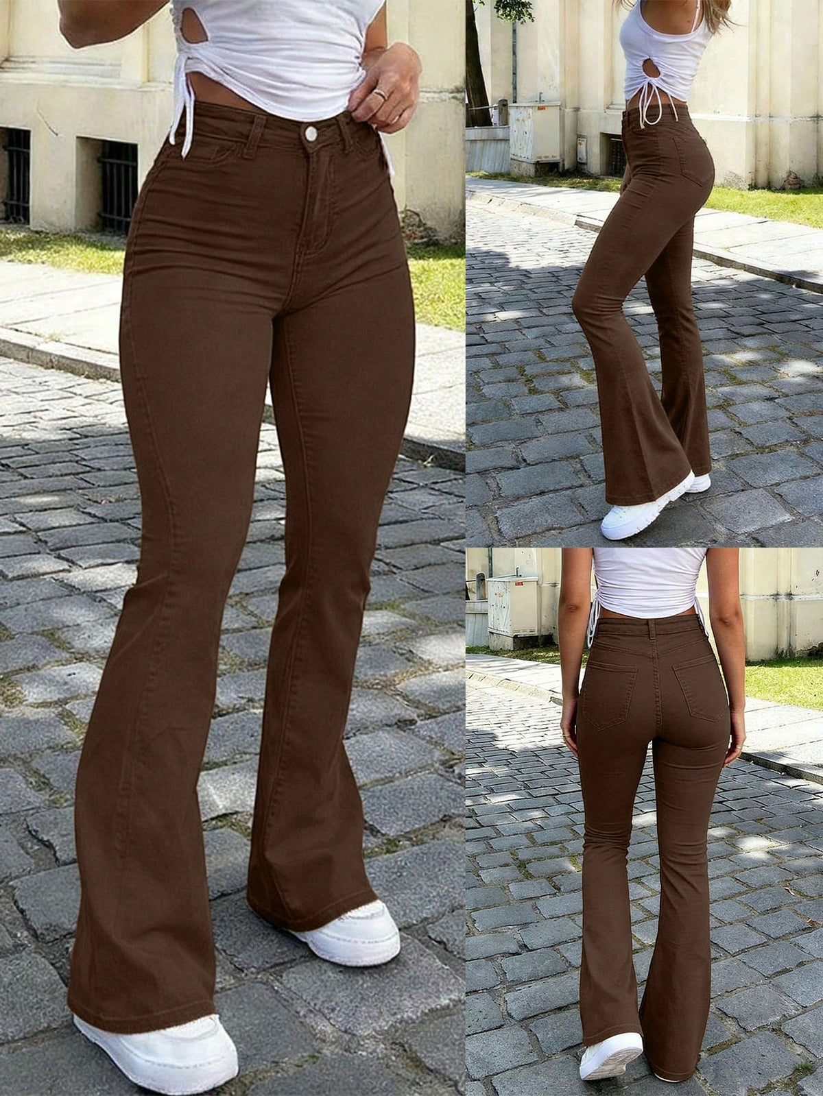 Y2K Style Women's Dark Khaki Flare Long Pants, Solid Color High Waist Elastic Slim Fit, Elegant Casual Street Style, Suitable For Vacation, Bohemian Style