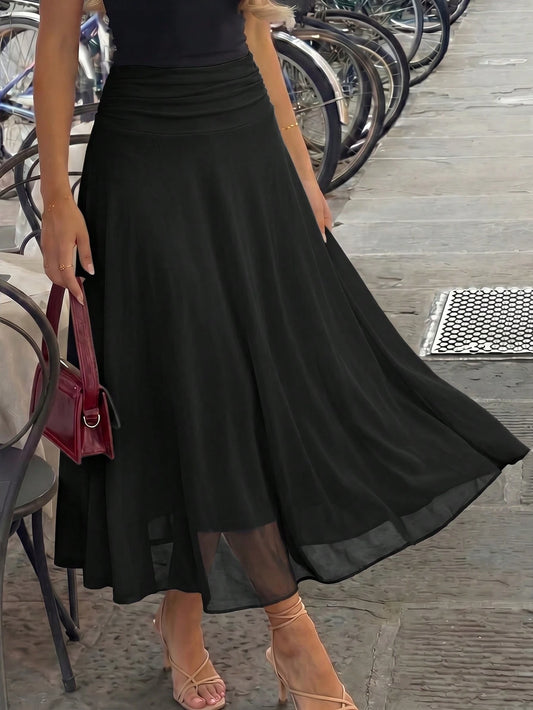 Yepolly-Pop Women For Autumn Elegant Black Chiffon Midi Skirt, Pleated Flared A-Line Swing Skirt, Office Daily Party Date Vacation Back To School