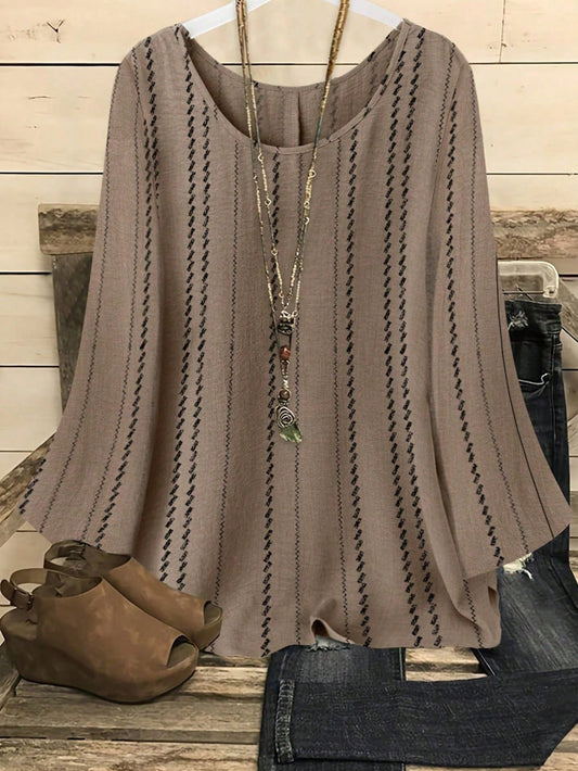 YFY Women's Casual Retro Striped Print Flare Sleeve Long Sleeve Shirt, Suitable For Summer Vacation, Daily Wear, Soft & Lightweight, Aesthetic