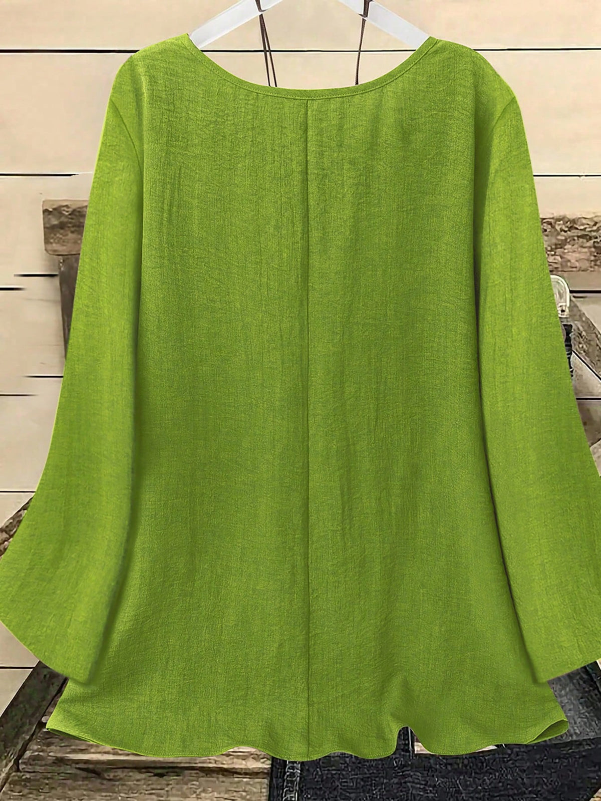 YFY Women's Casual Western Style Solid Color Round Neck Long Sleeve Flared Cuff Shirt, Soft & Lightweight Polyester Fabric, Suitable For Spring/Summer Everyday Wear & Loungewear