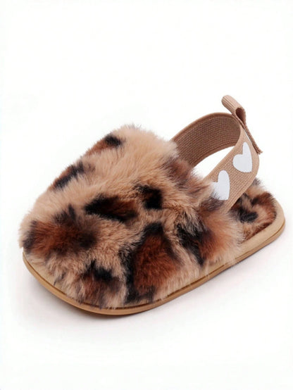 Yibubu Brown Infant Shoes, Leopard Print Infant Girl Slippers, Warm And Comfortable Infant Girl Sandals, Non-Slip Rubber Sole Infant Walking Shoes, Newborn Indoor Slippers