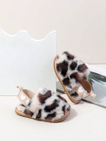Yibubu Brown Infant Shoes, Leopard Print Infant Girl Slippers, Warm And Comfortable Infant Girl Sandals, Non-Slip Rubber Sole Infant Walking Shoes, Newborn Indoor Slippers
