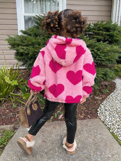 Young Girl Young Girl Casual Fluffy Heart Zip-Up Loose Winter Jacket