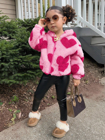 Young Girl Young Girl Casual Fluffy Heart Zip-Up Loose Winter Jacket