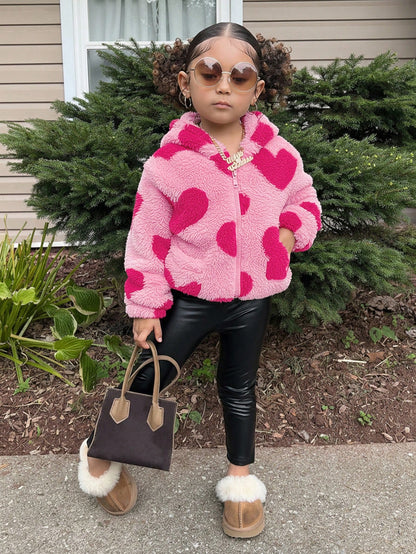 Young Girl Young Girl Casual Fluffy Heart Zip-Up Loose Winter Jacket