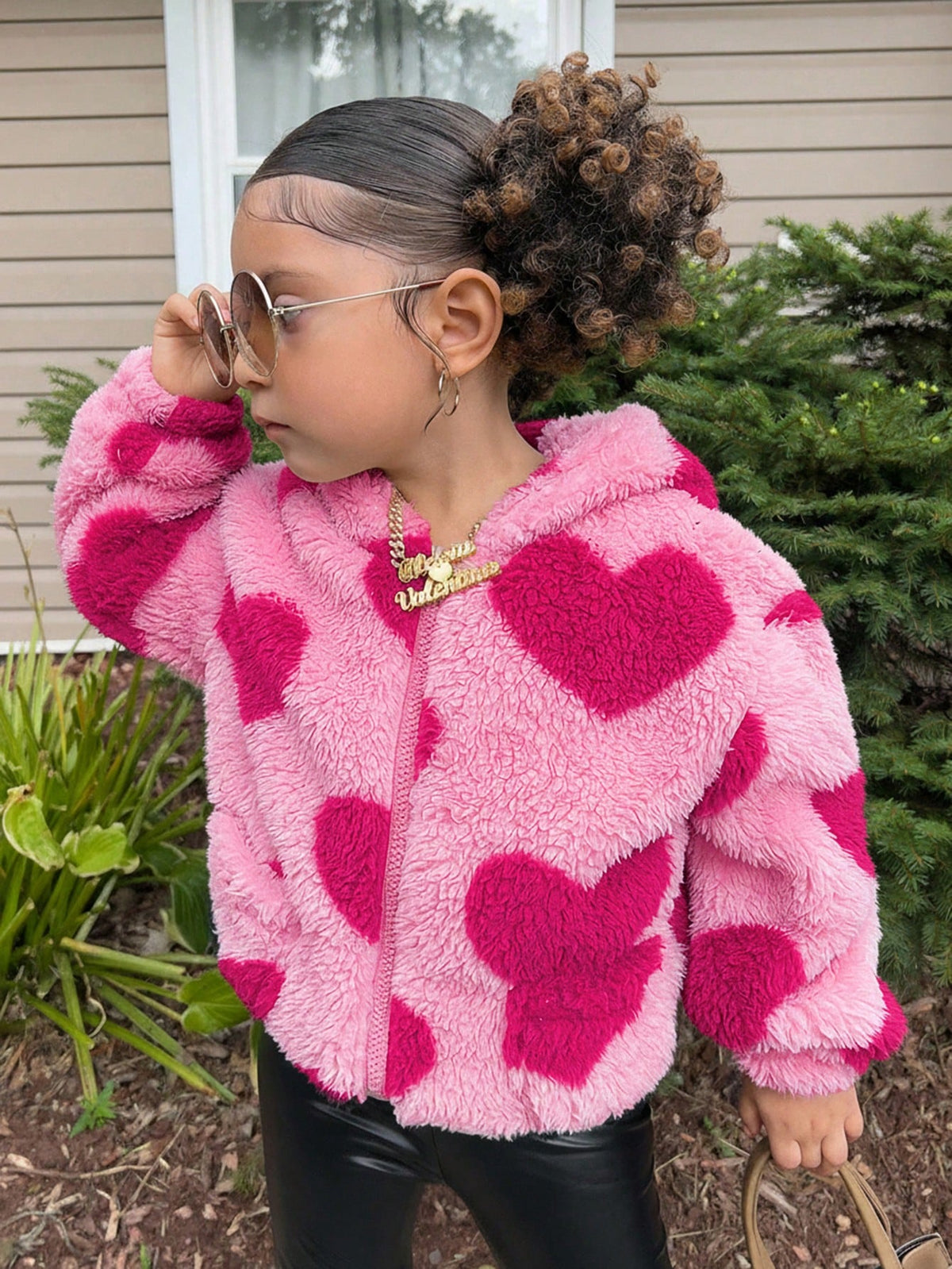 Young Girl Young Girl Casual Fluffy Heart Zip-Up Loose Winter Jacket