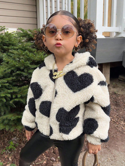 Young Girl Young Girl Casual Fluffy Heart Zip-Up Loose Winter Jacket