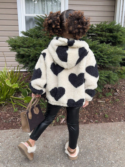 Young Girl Young Girl Casual Fluffy Heart Zip-Up Loose Winter Jacket