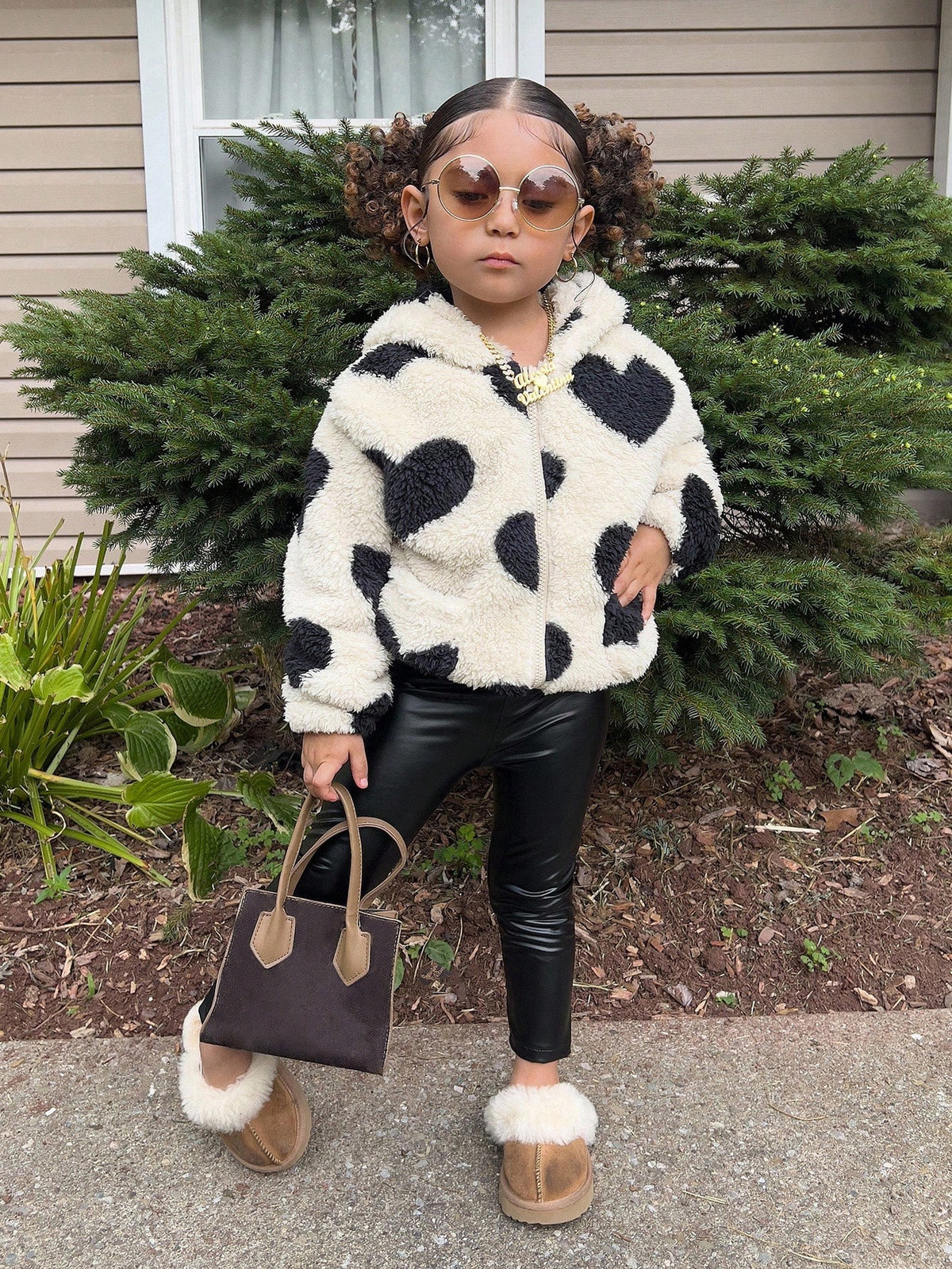 Young Girl Young Girl Casual Fluffy Heart Zip-Up Loose Winter Jacket