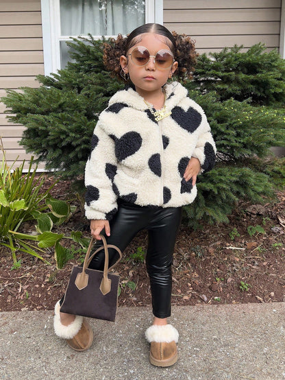Young Girl Young Girl Casual Fluffy Heart Zip-Up Loose Winter Jacket