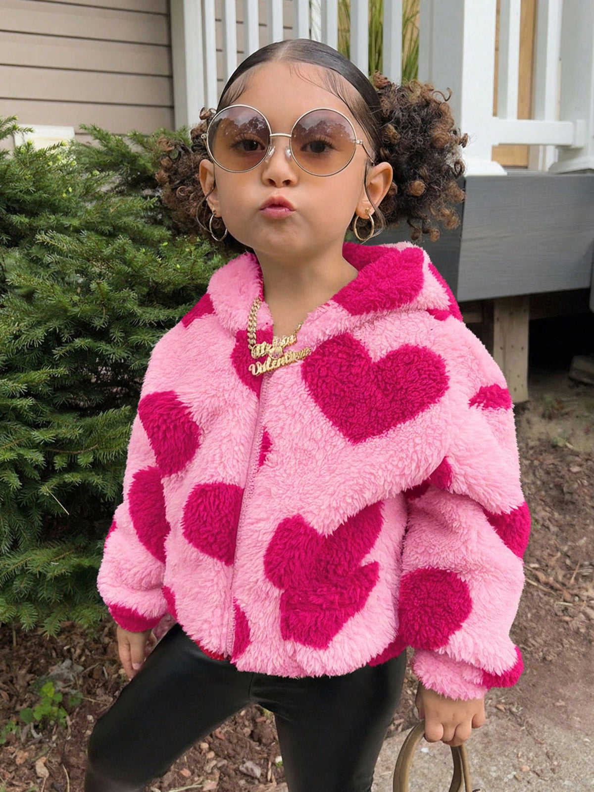 Young Girl Young Girl Casual Fluffy Heart Zip-Up Loose Winter Jacket