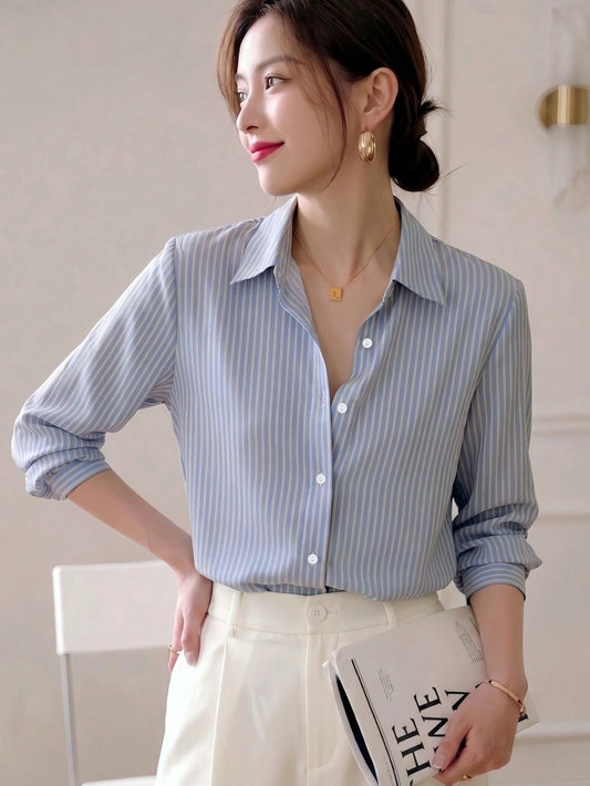 YUXIN New Fashion Blue Striped Long Sleeve Loose Blouse For Women, Elegant Design For Office Commuting, Flattering & Versatile Casual Spring