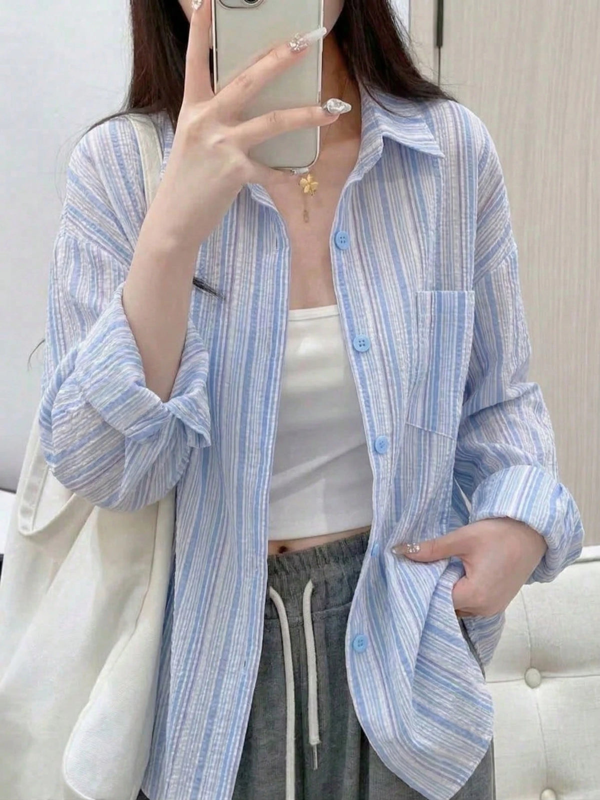 YUXIN Pink Striped Women's Shirt, Breathable And Comfortable, Loose Fit Design With Lapel Collar And Long Sleeves, Suitable For Spring And Summer