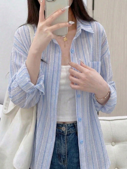 YUXIN Pink Striped Women's Shirt, Breathable And Comfortable, Loose Fit Design With Lapel Collar And Long Sleeves, Suitable For Spring And Summer