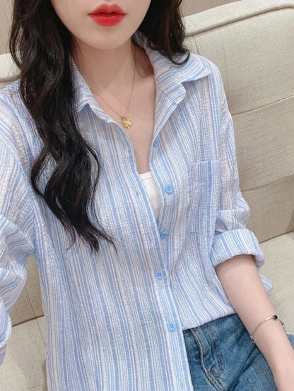 YUXIN Pink Striped Women's Shirt, Breathable And Comfortable, Loose Fit Design With Lapel Collar And Long Sleeves, Suitable For Spring And Summer
