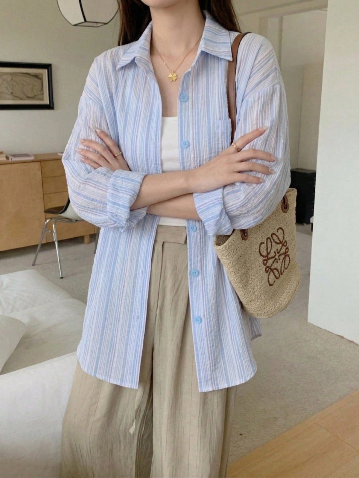 YUXIN Pink Striped Women's Shirt, Breathable And Comfortable, Loose Fit Design With Lapel Collar And Long Sleeves, Suitable For Spring And Summer