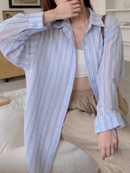 YUXIN Pink Striped Women's Shirt, Breathable And Comfortable, Loose Fit Design With Lapel Collar And Long Sleeves, Suitable For Spring And Summer