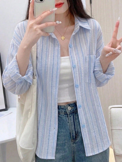 YUXIN Pink Striped Women's Shirt, Breathable And Comfortable, Loose Fit Design With Lapel Collar And Long Sleeves, Suitable For Spring And Summer