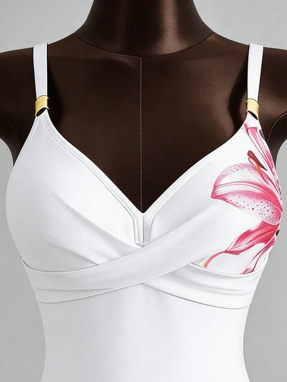 Zestiva Hot Selling Spring/Summer Beach Vacation Adjustable Strap Metal Accessory Floral Print Swimsuit 2 Pieces Set (Strap + Triangle Bottoms)