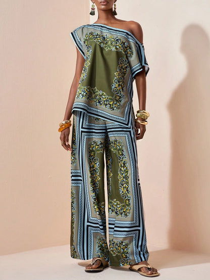 Zivah Women's Green Gingham Summer Boho Tropical European Elegant Holiday Vacation Matching Top A,Casual Bohemian Floral Color Block Print Set