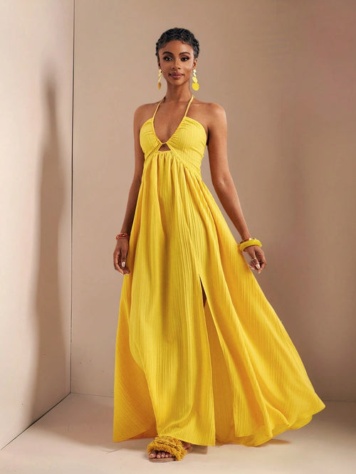 Zivah Women's Pale Yellow Summer Boho Tropical Holiday Vacation Halter Neck Strapless High Slit Extra Long Dress,Beach Vacation Casual Pastel Outfits,Spring