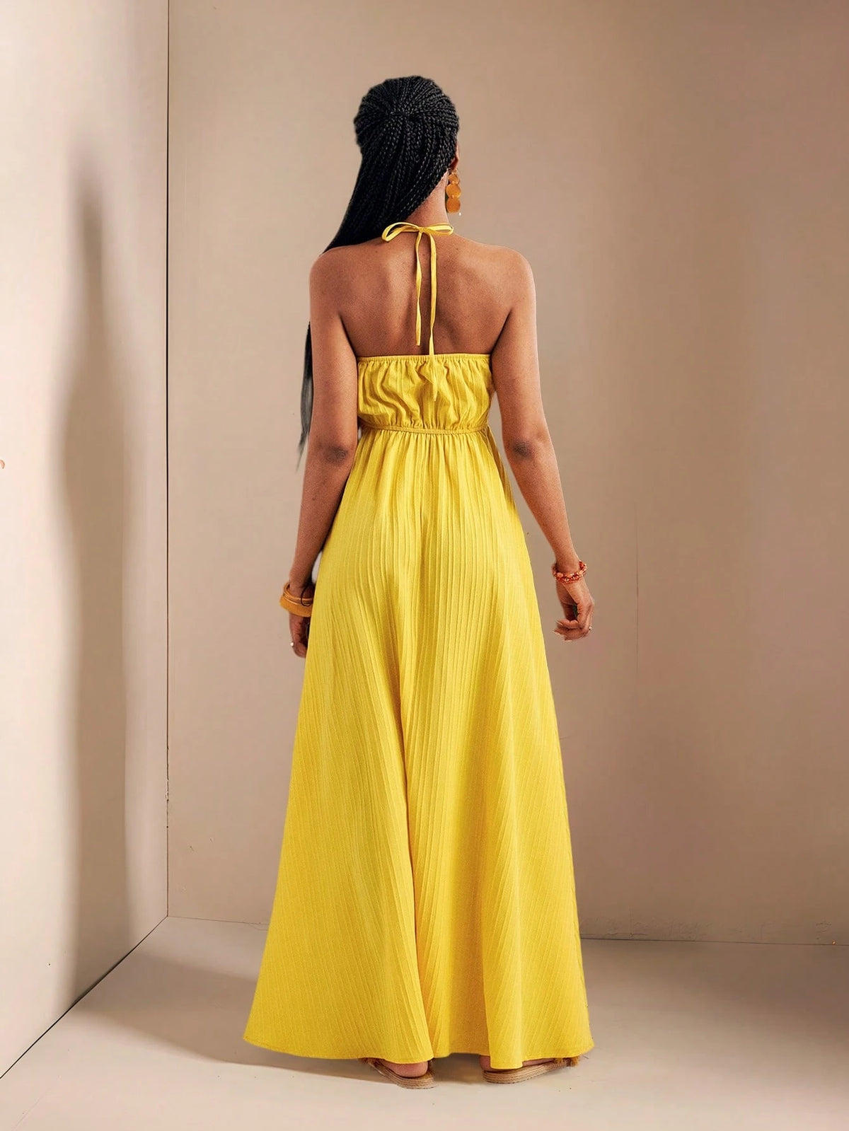 Zivah Women's Pale Yellow Summer Boho Tropical Holiday Vacation Halter Neck Strapless High Slit Extra Long Dress,Beach Vacation Casual Pastel Outfits,Spring
