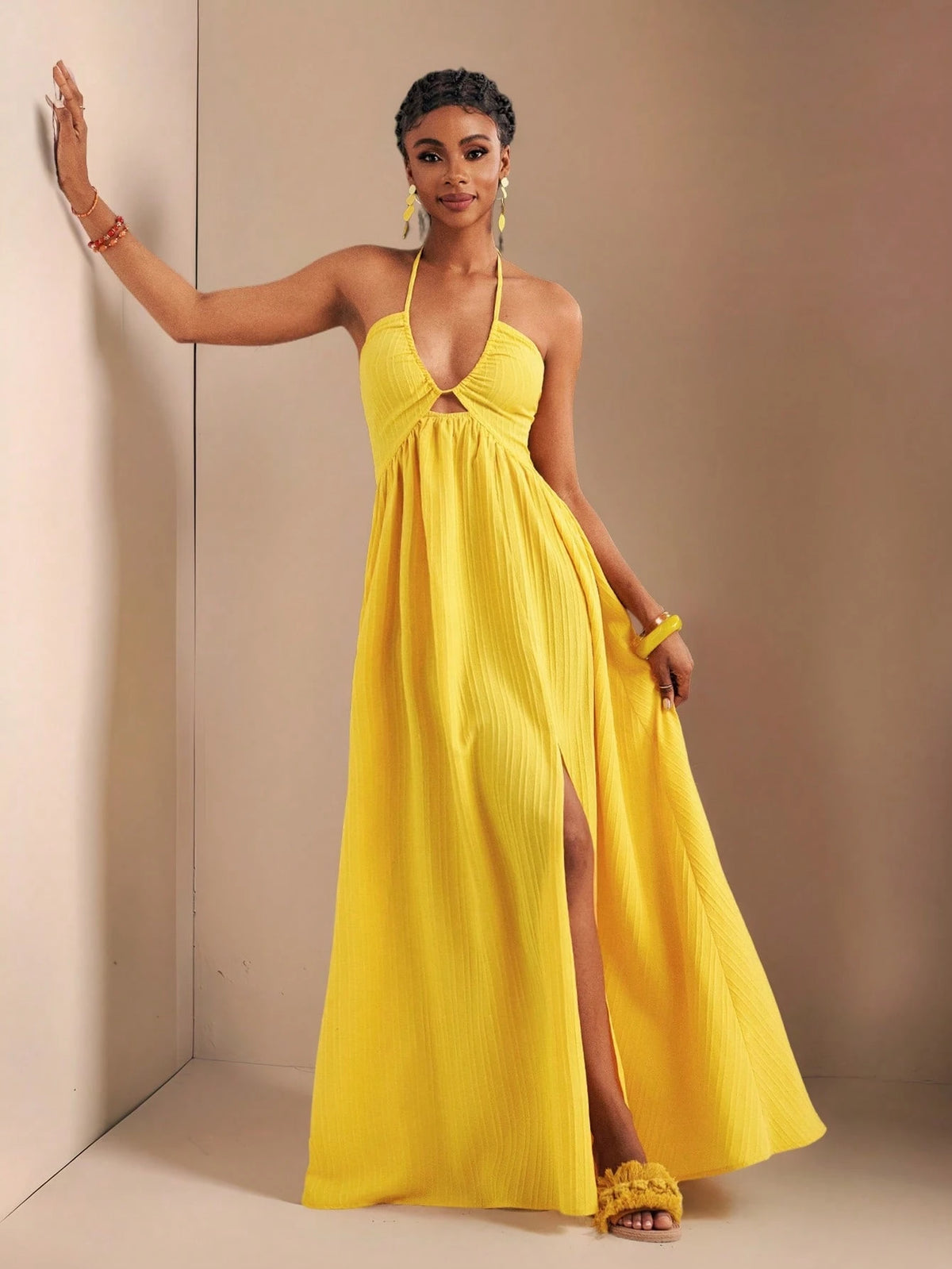 Zivah Women's Pale Yellow Summer Boho Tropical Holiday Vacation Halter Neck Strapless High Slit Extra Long Dress,Beach Vacation Casual Pastel Outfits,Spring
