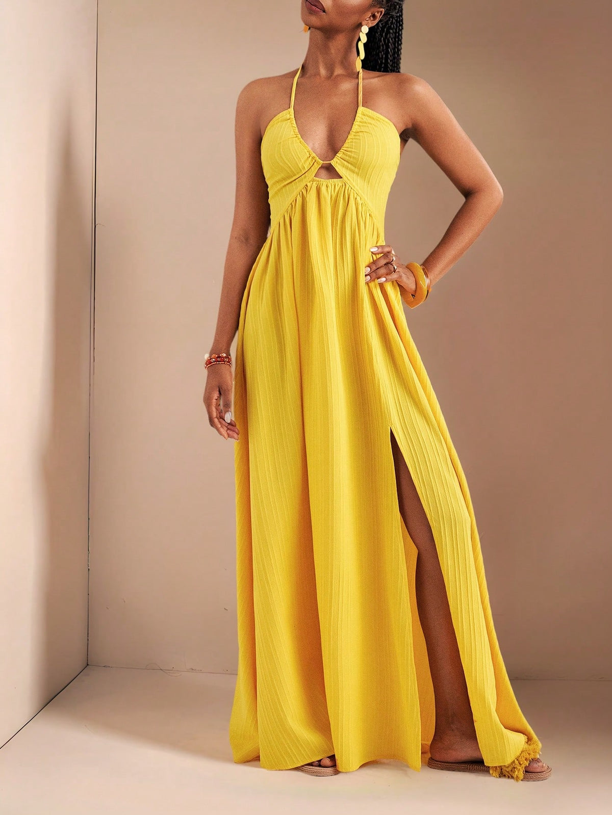 Zivah Women's Pale Yellow Summer Boho Tropical Holiday Vacation Halter Neck Strapless High Slit Extra Long Dress,Beach Vacation Casual Pastel Outfits,Spring