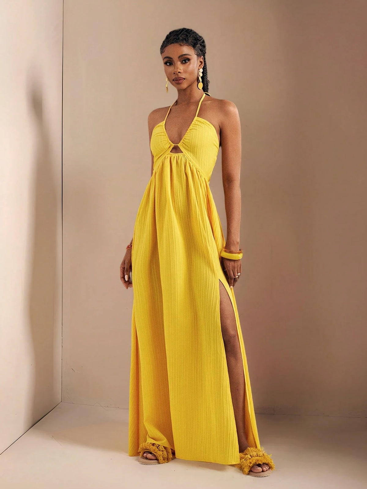 Zivah Women's Pale Yellow Summer Boho Tropical Holiday Vacation Halter Neck Strapless High Slit Extra Long Dress,Beach Vacation Casual Pastel Outfits,Spring