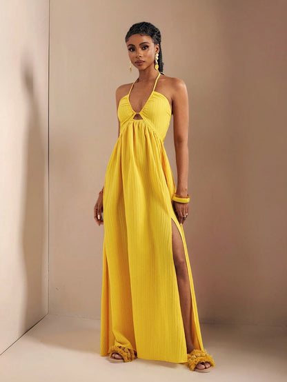 Zivah Women's Pale Yellow Summer Boho Tropical Holiday Vacation Halter Neck Strapless High Slit Extra Long Dress,Beach Vacation Casual Pastel Outfits,Spring
